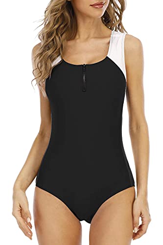 Halcurt Bañador de una pieza para mujer con cremallera de corte alto, espalda descubierta, negro/blanco, XL