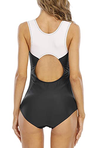 Halcurt Bañador de una pieza para mujer con cremallera de corte alto, espalda descubierta, negro/blanco, XL