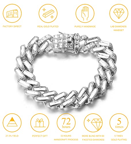 HALUKAKAH Diamante Cubano Cadena para Hombre,15MM Chapado en Oro Blanco Platino Cáscara Blanco Cadena de Oro Pulsera 23cm,Cáscara Blanco Diamantes de Laboratorio Circón,con Caja