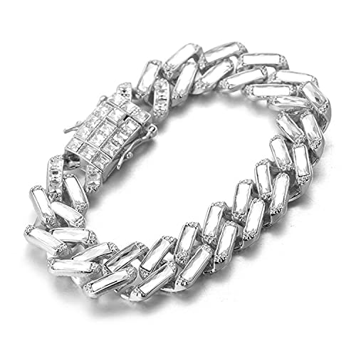 HALUKAKAH Diamante Cubano Cadena para Hombre,15MM Chapado en Oro Blanco Platino Cáscara Blanco Cadena de Oro Pulsera 23cm,Cáscara Blanco Diamantes de Laboratorio Circón,con Caja