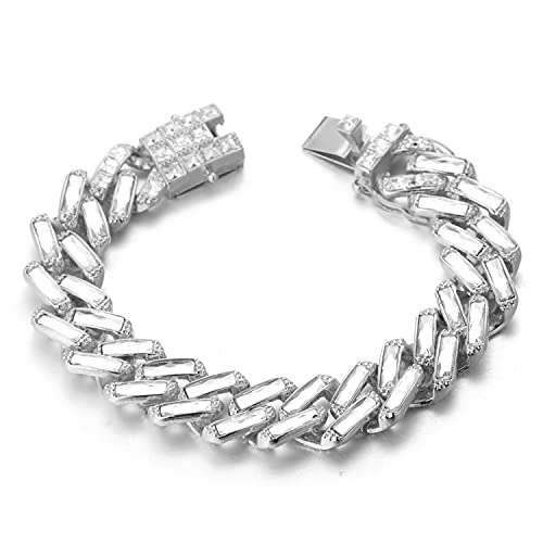 HALUKAKAH Diamante Cubano Cadena para Hombre,15MM Chapado en Oro Blanco Platino Cáscara Blanco Cadena de Oro Pulsera 23cm,Cáscara Blanco Diamantes de Laboratorio Circón,con Caja