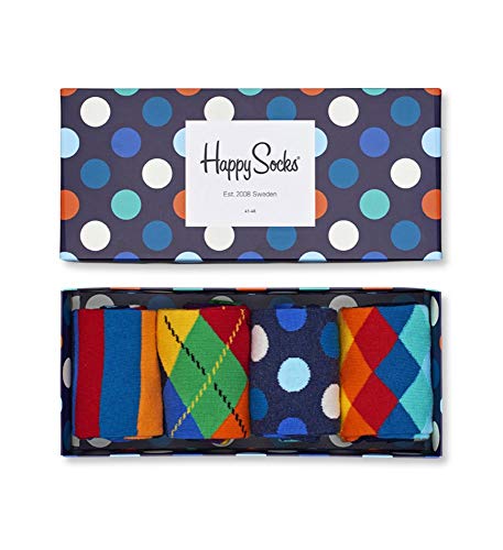 Happy Socks Big Dot Gift Box, coloridos y alegres, Calcetines para hombre y mujer, Azul-Verde-Naranja-Rojo-Blanco-Amarillo 4 pares (41-46)