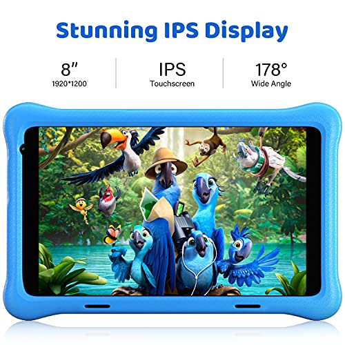 HAPPYBE Tablet Niños, 8 Pulgadas Android 10.0 Tablet PC para Niños, 2GB + 32GB, 1920 * 1200 Pantalla IPS FHD, QuadCore, Kidoz Preinstalado, WiFi, Bluetooth, Doble Cámara Tablet Infantil (Blue)