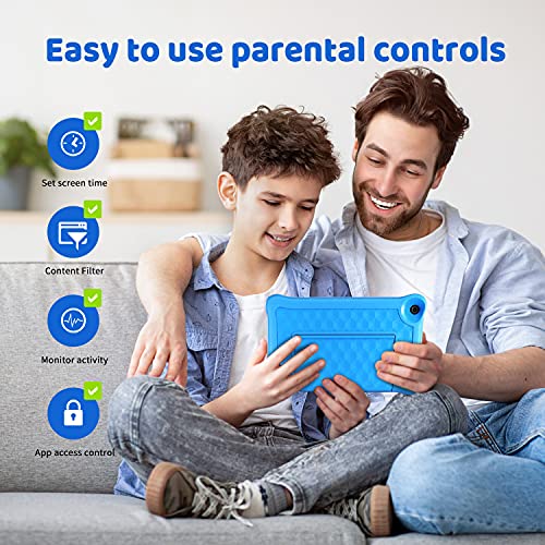 HAPPYBE Tablet Niños, 8 Pulgadas Android 10.0 Tablet PC para Niños, 2GB + 32GB, 1920 * 1200 Pantalla IPS FHD, QuadCore, Kidoz Preinstalado, WiFi, Bluetooth, Doble Cámara Tablet Infantil (Blue)