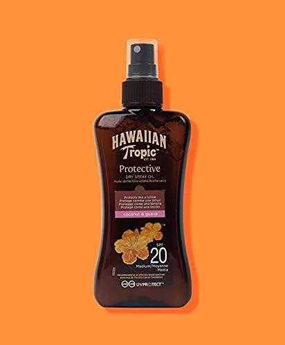 Hawaiian Tropic Aceite Solar - Spray Aceite Seco Bronceador SPF 20 con Protección Media, Fragancia de Coco y Guayaba - 200 ml