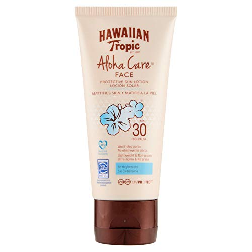 HAWAIIAN Tropic Aloha Care - Solar Fotoprotectora para la Cara Spf 30 Sin Oxibenzona, Protección Facial Sin Obstrucción de Poros, Sin Grasa y Matificante, Crema, 90 Mililitros