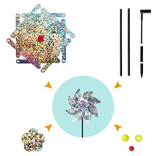 Hedear Molinillo de Plata Mylar, molinillos repelentes de pájaros Ruedas de alfiler Brillantes Reflectantes Disuasor de pájaros para jardín Patio de césped