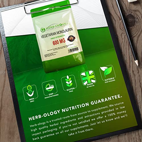 Herb-ology Monolaurin | 120 Capsulas de Suplemento de Monolaurina, 600mg por Cápsula Vegetariana | Sin Ingredientes ni Rellenos Artificiales | Fabricado en el Reino Unido