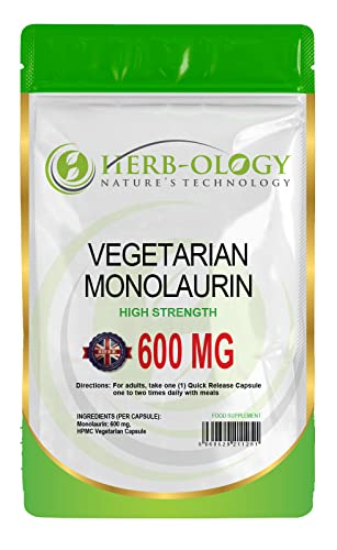 Herb-ology Monolaurin | 120 Capsulas de Suplemento de Monolaurina, 600mg por Cápsula Vegetariana | Sin Ingredientes ni Rellenos Artificiales | Fabricado en el Reino Unido