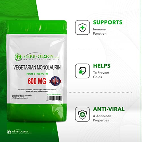 Herb-ology Monolaurin | 120 Capsulas de Suplemento de Monolaurina, 600mg por Cápsula Vegetariana | Sin Ingredientes ni Rellenos Artificiales | Fabricado en el Reino Unido