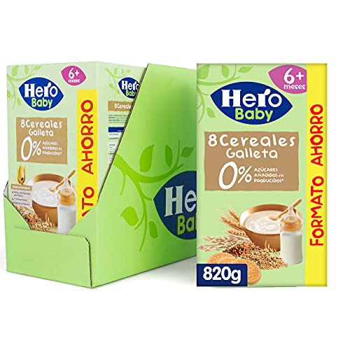 Hero Baby - Papilla de 8 Cereales con Galleta sin Azúcares Añadidos, para Bebés a Partir de los 6 Meses - Pack de 3 x 820 g