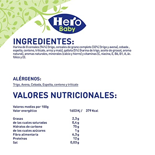 Hero Baby - Papilla de 8 Cereales con Galleta sin Azúcares Añadidos, para Bebés a Partir de los 6 Meses - Pack de 3 x 820 g