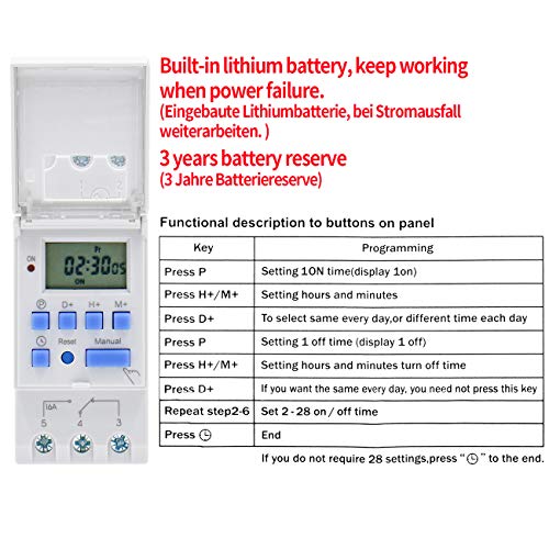 Heschen Interruptor de relé de temporizador semanal de alimentación, Digital, LCD, THC15A, AC 220V a 240V, 16A SPST, 35 mm, carril DIN