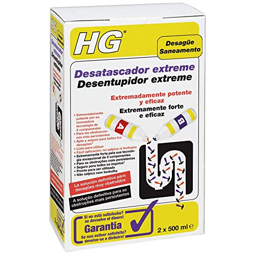 HG Duo Desatascador de Tuberías, Fórmula Extremadamente Potente para Cocina y Baño, Desatasca y Limpia Eficazmente Tuberías y Desagües Atascados (2 x 500 ml) - 343100106