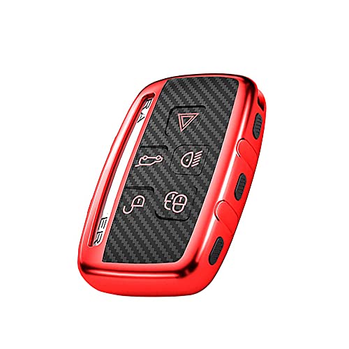 HIBEYO Funda para llave inteligente compatible con Land Rover Jaguar XE XF XJL Range Rover Sport Discovery 4 mando a distancia de fibra de carbono 5 botones (rojo -TPU