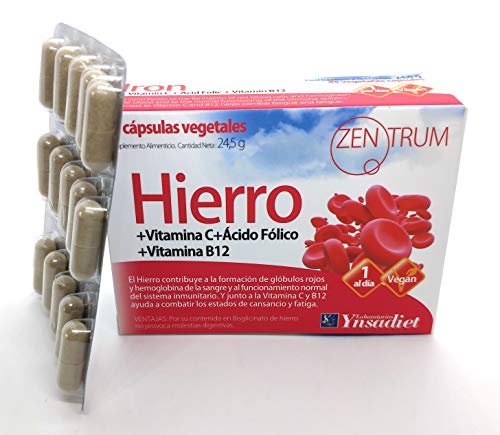 Hierro Suplemento 45 Cápsulas| Comprimidos de Hierro Vegetal| Energía Concentración y Memoria|Hierro con Ácido Fólico + Vitamina C + Vitamina B12| Aquisana