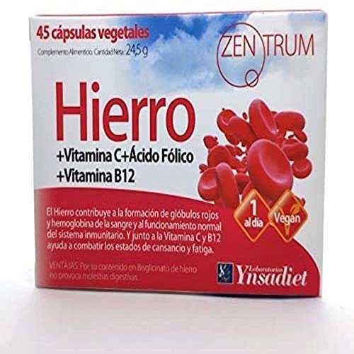 Hierro Suplemento 45 Cápsulas| Comprimidos de Hierro Vegetal| Energía Concentración y Memoria|Hierro con Ácido Fólico + Vitamina C + Vitamina B12| Aquisana