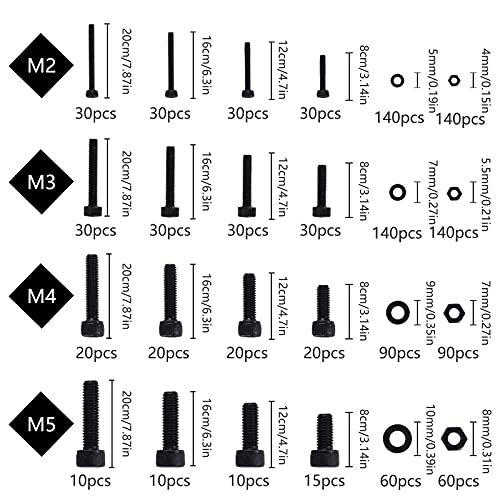 HO2NLE 1225pcs Juego de Tornillos de Acero al Carbono de Grado 12.9 Perno Tornillos de Cabeza Hexagonal Negro con 4pcs de M2 M3 M4 M5 Llave Hexagonal con Caja de Almacenamiento Plástico