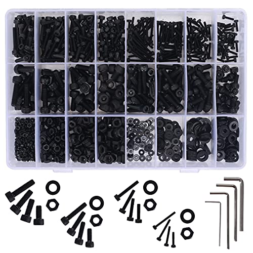 HO2NLE 1225pcs Juego de Tornillos de Acero al Carbono de Grado 12.9 Perno Tornillos de Cabeza Hexagonal Negro con 4pcs de M2 M3 M4 M5 Llave Hexagonal con Caja de Almacenamiento Plástico