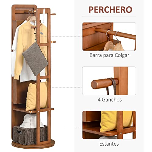 HOMCOM Armario Joyero Giratorio con Espejo de Cuerpo Entero y Perchero 3 en 1 Organizador de Joyas Oculto Estantes Colgadores y Base Redonda Madera Ø50x169 cm Nogal