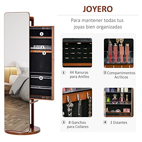 HOMCOM Armario Joyero Giratorio con Espejo de Cuerpo Entero y Perchero 3 en 1 Organizador de Joyas Oculto Estantes Colgadores y Base Redonda Madera Ø50x169 cm Nogal