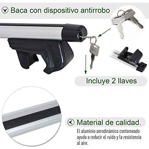 HOMCOM Barras de Techo Universales para Vehículos Bacas Portaequipajes Coche Automóvil con 135 cm Rieles de Aluminio y Cerradura Carga 50 kg Plata