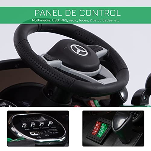 HOMCOM Coche Eléctrico para Niños Mercedes GTR con Licencia +3 Años Batería 12V con Mando a Distancia Música Faros Puerta de Doble Apertura Carga 25kg 105x58x45 cm Verde