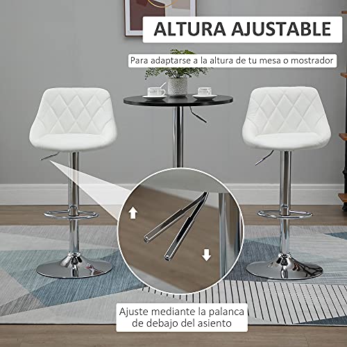 HOMCOM Conjunto de 2 Taburetes de Bar Giratorios con Altura Regulable Sillas Altas Modernas de Comedor con Base Redonda y Reposapiés 51,5x48x83-104 cm Blanco