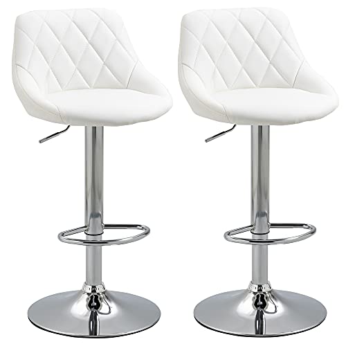 HOMCOM Conjunto de 2 Taburetes de Bar Giratorios con Altura Regulable Sillas Altas Modernas de Comedor con Base Redonda y Reposapiés 51,5x48x83-104 cm Blanco