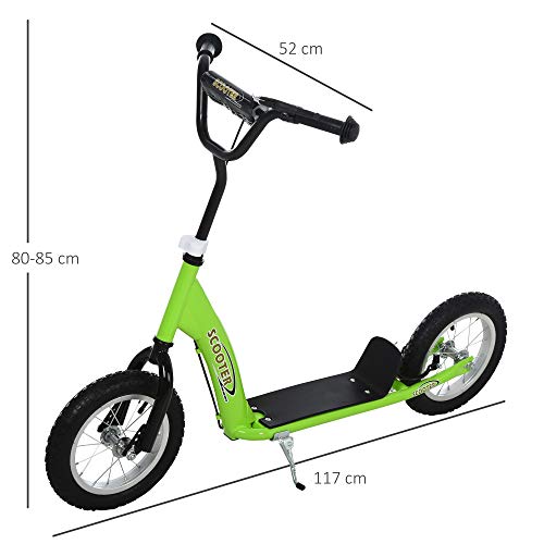 HOMCOM Patinete para Niños Mayores de 5 Años Scooter 2 Neumáticos Inflables de Caucho con Frenos Manillar Ajustable Pedal Antideslizante 117x52x80-85 cm Verde