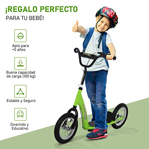 HOMCOM Patinete para Niños Mayores de 5 Años Scooter 2 Neumáticos Inflables de Caucho con Frenos Manillar Ajustable Pedal Antideslizante 117x52x80-85 cm Verde