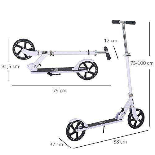 HOMCOM Patinete Plegable para Niños de +5 Años Scooter Infantil Manillar Ajustable en Altura de 4 Niveles con Freno 88x37x75-100 cm Blanco