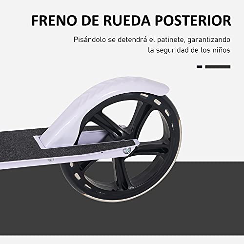 HOMCOM Patinete Plegable para Niños de +5 Años Scooter Infantil Manillar Ajustable en Altura de 4 Niveles con Freno 88x37x75-100 cm Blanco