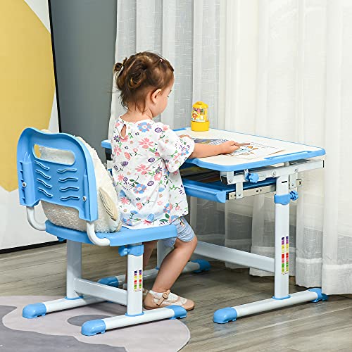 HOMCOM Pupitre Infantil 2 en 1 Juego de Escritorio y Silla para Niños de +6 Años con Altura Ajustable Mesa Regulable en Ángulo y Bandeja Deslizante 66x47x77 cm Azul