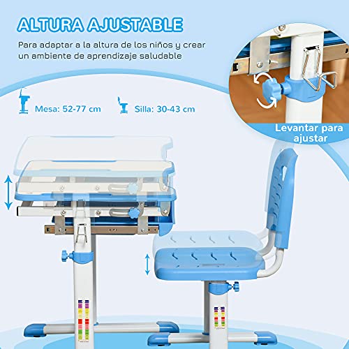 HOMCOM Pupitre Infantil 2 en 1 Juego de Escritorio y Silla para Niños de +6 Años con Altura Ajustable Mesa Regulable en Ángulo y Bandeja Deslizante 66x47x77 cm Azul