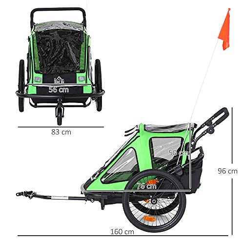 HOMCOM Remolque de Bicicleta para Niños +18 Meses Plegable 2 en 1 Cochecito de Paseo de 2 Plazas con Manillar Ajustable en Altura Bandera y Reflectores 160x83x96 cm Verde