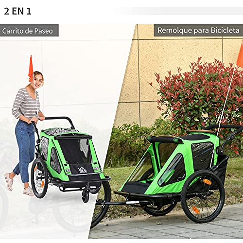 HOMCOM Remolque de Bicicleta para Niños +18 Meses Plegable 2 en 1 Cochecito de Paseo de 2 Plazas con Manillar Ajustable en Altura Bandera y Reflectores 160x83x96 cm Verde