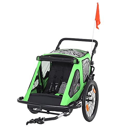 HOMCOM Remolque de Bicicleta para Niños +18 Meses Plegable 2 en 1 Cochecito de Paseo de 2 Plazas con Manillar Ajustable en Altura Bandera y Reflectores 160x83x96 cm Verde