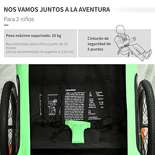 HOMCOM Remolque de Bicicleta para Niños +18 Meses Plegable 2 en 1 Cochecito de Paseo de 2 Plazas con Manillar Ajustable en Altura Bandera y Reflectores 160x83x96 cm Verde