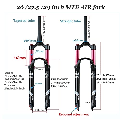 Horquilla MTB 26 27,5 29 Bicicleta Viaje 140mm Ajuste de Rebote 1-1/8" Suspensión Bicicleta Montaña por 26/27,5/29 Pulgadas Ciclismo MTB (Color : Manual Lock A, Size : 26 Inch)