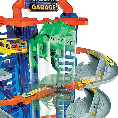 Hot Wheels Megagaraje con T-Rex Robótico - Ascensor y 4 Niveles - Plazas para 100 Coches 1:64 - 2 Coches 1:64 Incluidos - Regalo para Niños de 3+ Años