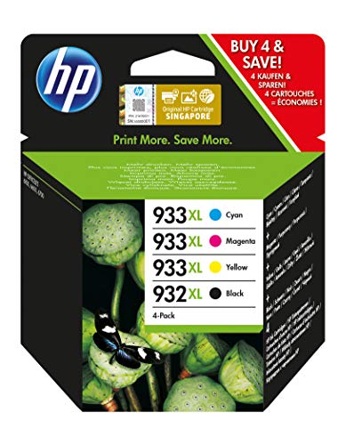 HP 932XL-933XL C2P42AE, Negro, Cian, Magenta y Amarillo, Cartuchos de Tinta de Alta Capacidad Originales, Pack de 4, compatible con impresoras de inyección de tinta HP OfficeJet 6100, 6600 y 6700