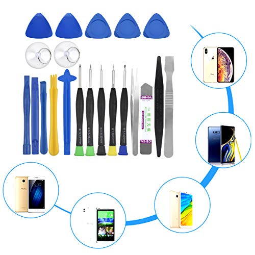 HQdeal Kit de Reparacion Herramientas Moviles, 22 en 1 kit de teléfono Desmontar inclyendo Destornilladores, Herramientas pry, Copa de succión y Palanca metálica para teléfonos Inteligentes Smartphone