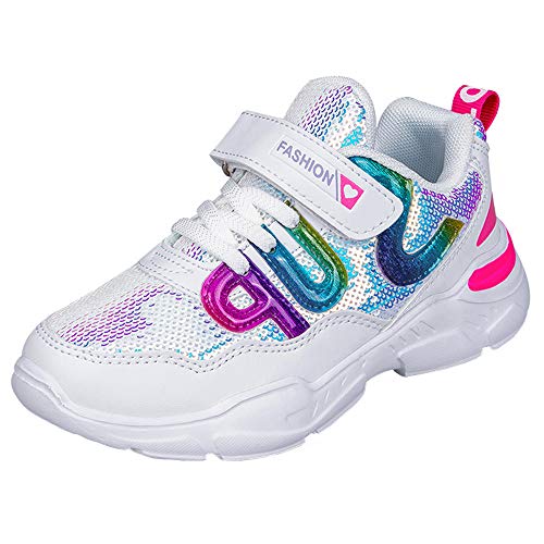 HSNA Zapatillas con Lentejuelas Niña Zapatos de Gimnasia para Caminar Ligero Trainers Kids(a01 Blanco 30 EU)