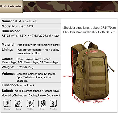 HUNTVP 12L Mochila de Asalto Militar Táctical Molle Bolsa Bandolera para Senderismo Caza Camping - Color Negro Camuflaje