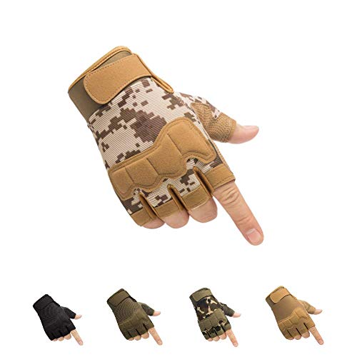 HYCOPROT Guantes Tácticos sin Dedos, Nudillos Protectores Transpirables Ligeros Guantes Militares al Aire Libre para Disparar, Cazar, Motociclismo, Escalada (Marrón, Large)