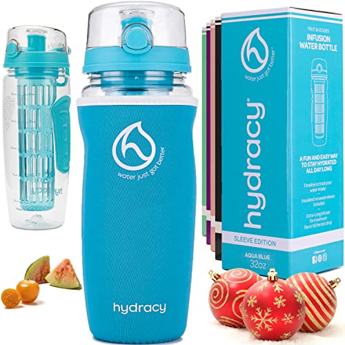 Hydracy Botella de Agua con Filtro infusor para Fruta 1L, Funda antitranspirante y Marcador de Hora -plástico Durable 100% sin BPA ìPerfecta para Hacer Deporte y cuidar tu Salud! Turquesa