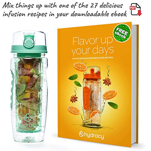 Hydracy Botella de Agua con Filtro infusor para Fruta 1Litro y Marcador de Hora - plástico Durable 100% sin BPA ìPerfecta para Hacer Deporte y cuidar tu Salud! - Primavera Verde