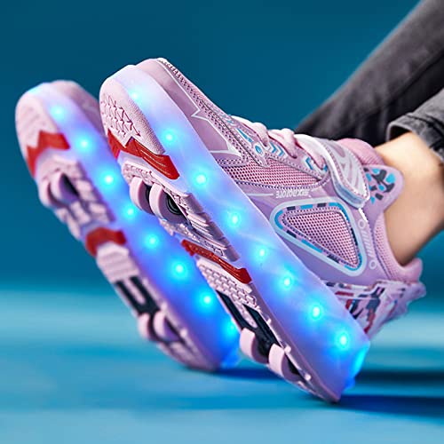 HYZBD Zapatos de Patines LED con Ruedas, Zapatillas de Deporte con Luz LED para Niñas y Niños, Zapatillas de Skate Técnicas de Cuatro Ruedas con Carga USB, Regalo de Cumpleaños,Pink-34EU