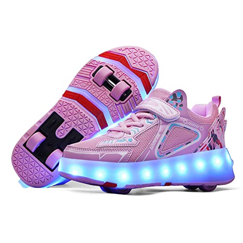 HYZBD Zapatos de Patines LED con Ruedas, Zapatillas de Deporte con Luz LED para Niñas y Niños, Zapatillas de Skate Técnicas de Cuatro Ruedas con Carga USB, Regalo de Cumpleaños,Pink-34EU